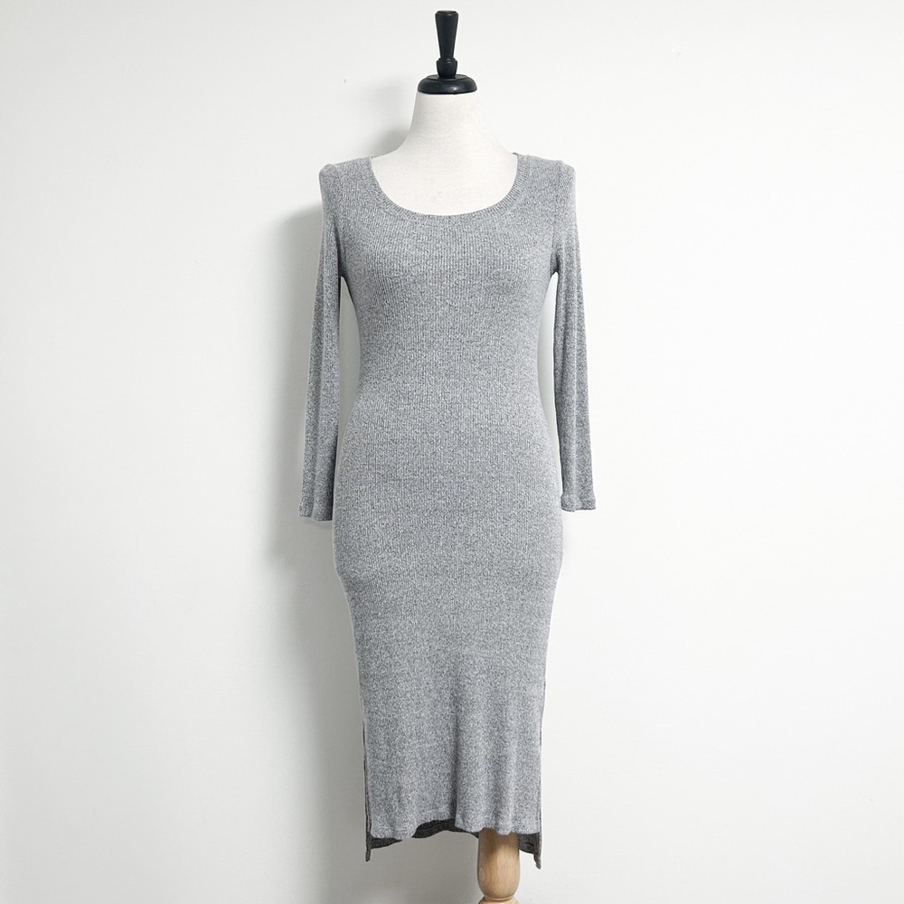 Pure Good Grey White Speckled Gertrude Ribbed Bodycon Midi Hi Lo Dress Medium